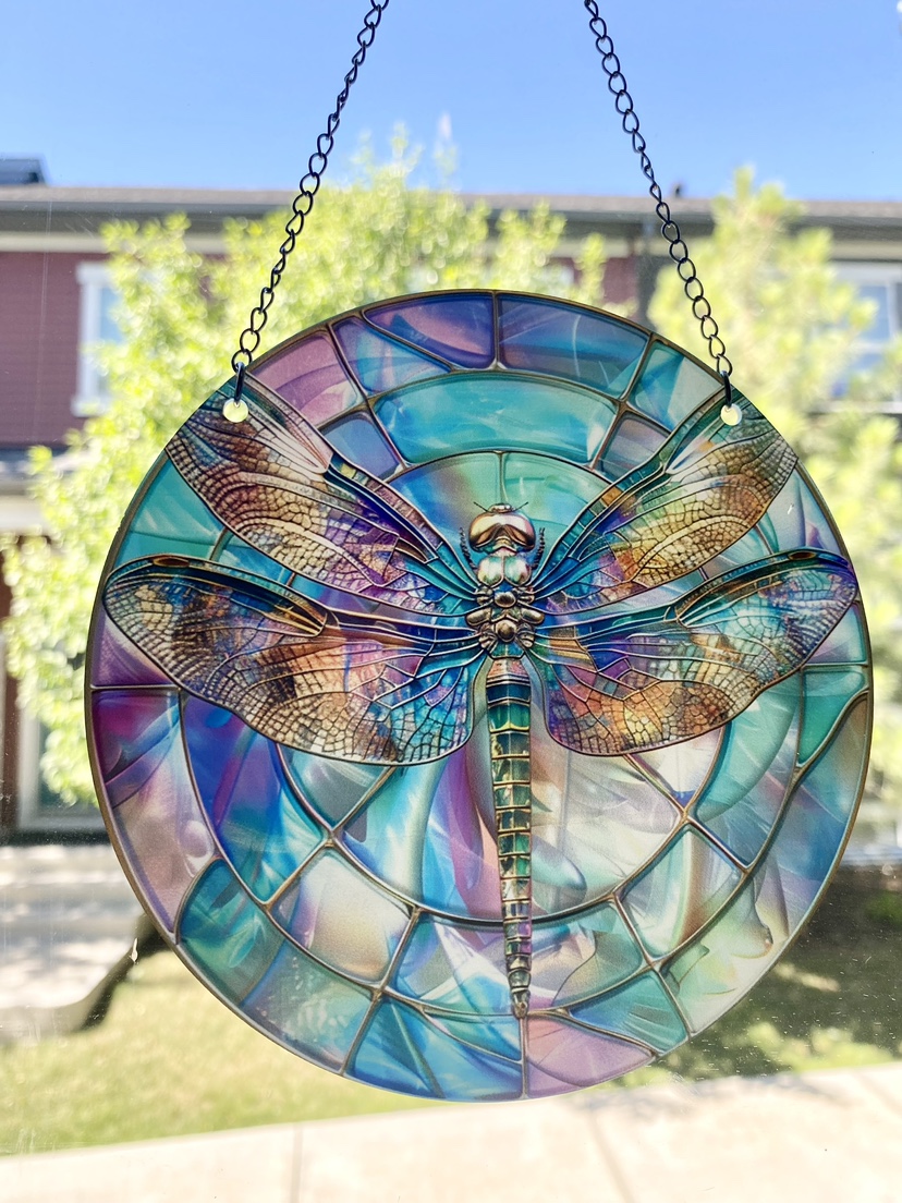 Pastel colored dragonfly, acrylic hanging window ornament disk