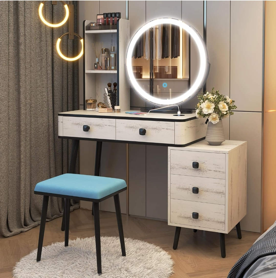 White Vanity Set with Lighted Mirror and Stool