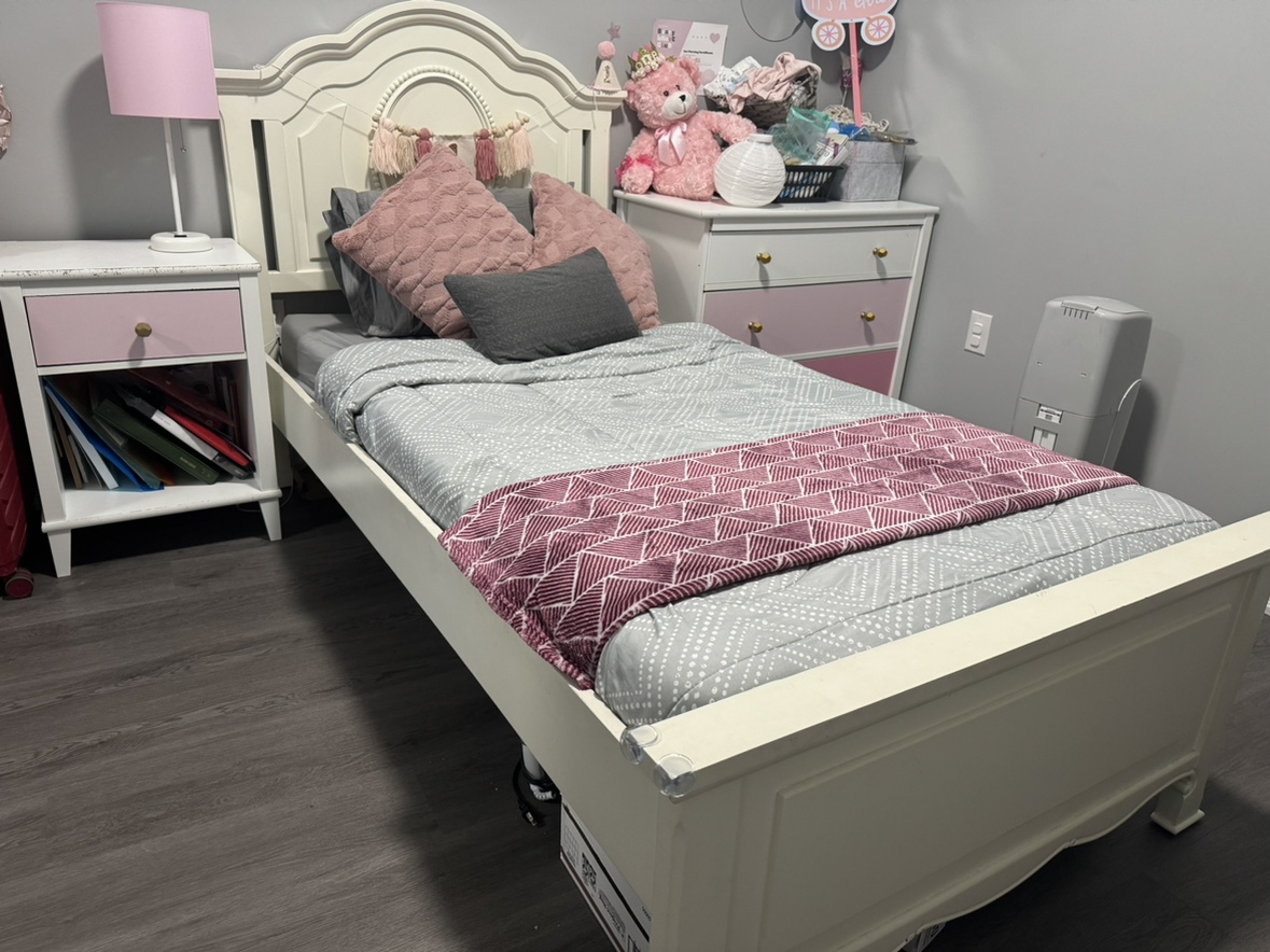 White Bed Frame with Matching Dresser and Nightstand