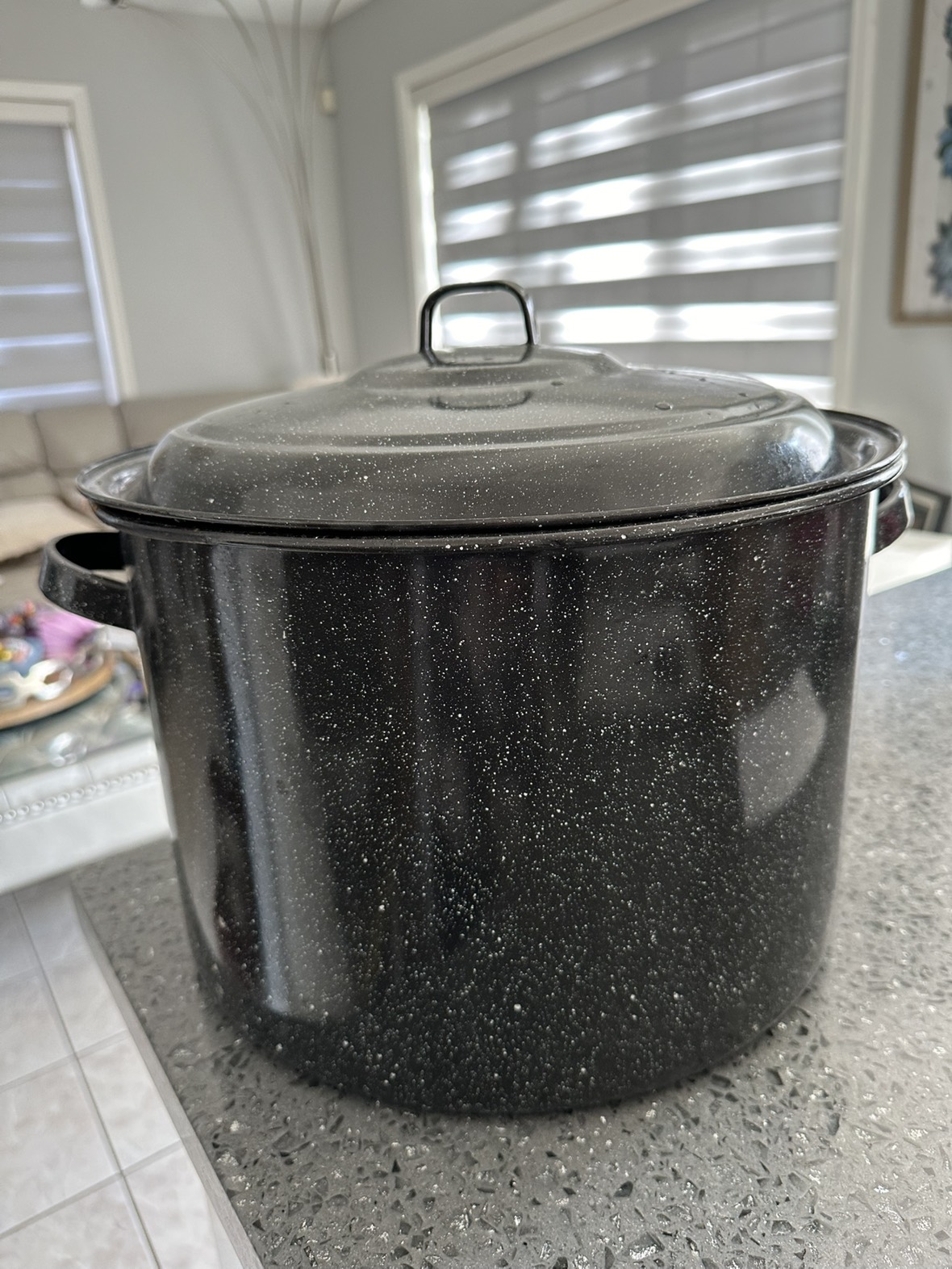Large speckled black enamel stock pot 10”high 14” wide 15 quarts
