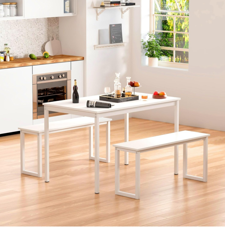 White Dining Table Set with Two Benches