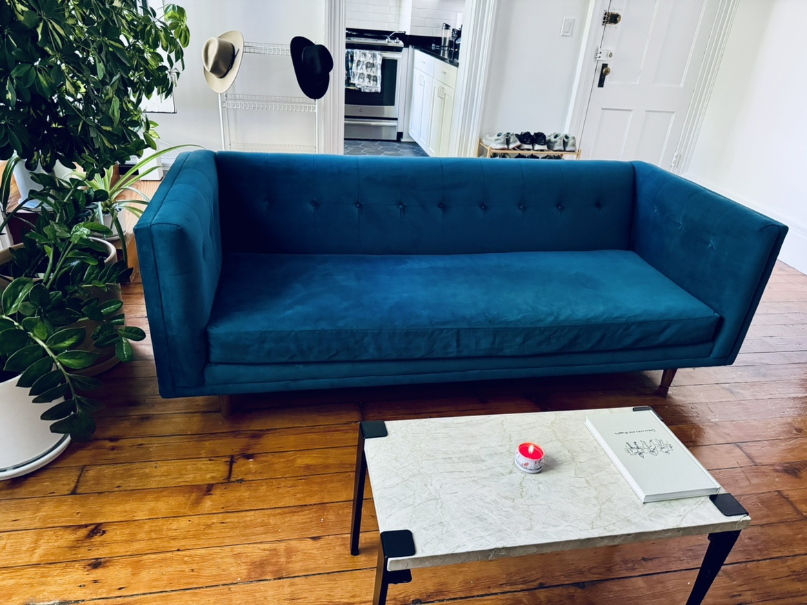 West Elm Blue Velvet Bradford Sofa