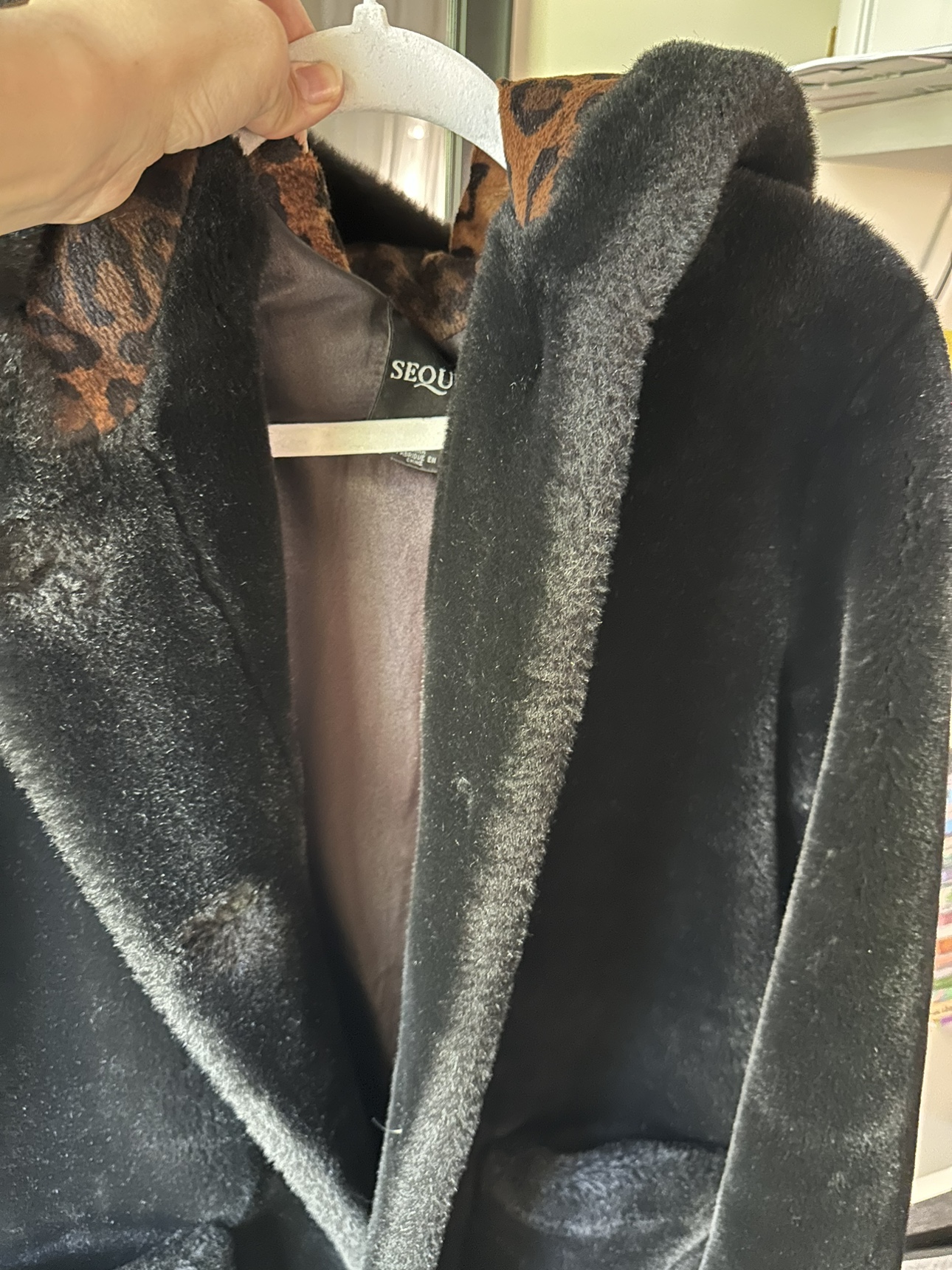 Black Faux Fur Coat with Leopard Print Hood - photo 5