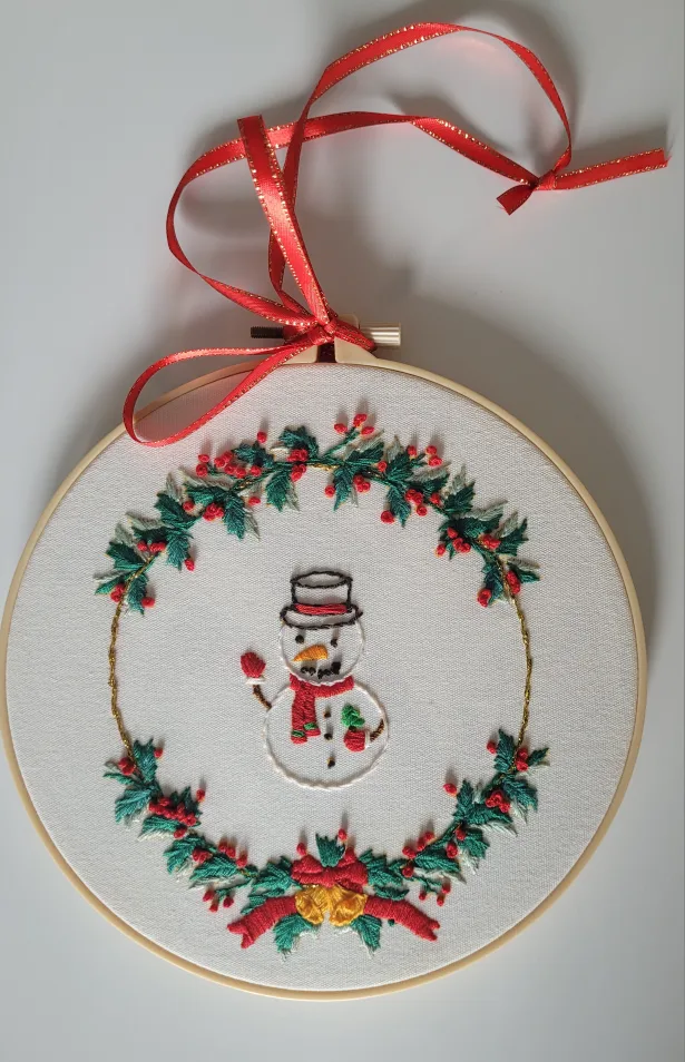Hand-Embroidered Christmas Snowman Hoop Ornament thumbnail