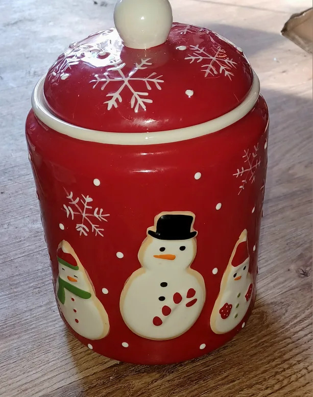 Hallmark Christmas Cookie Jar Red Snowman Snow Flakes 2011 thumbnail