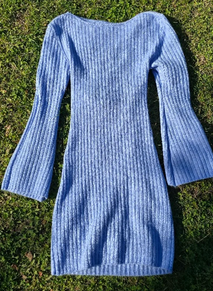 Blue Ribbed Knit Dress with Cutout Back thumbnail