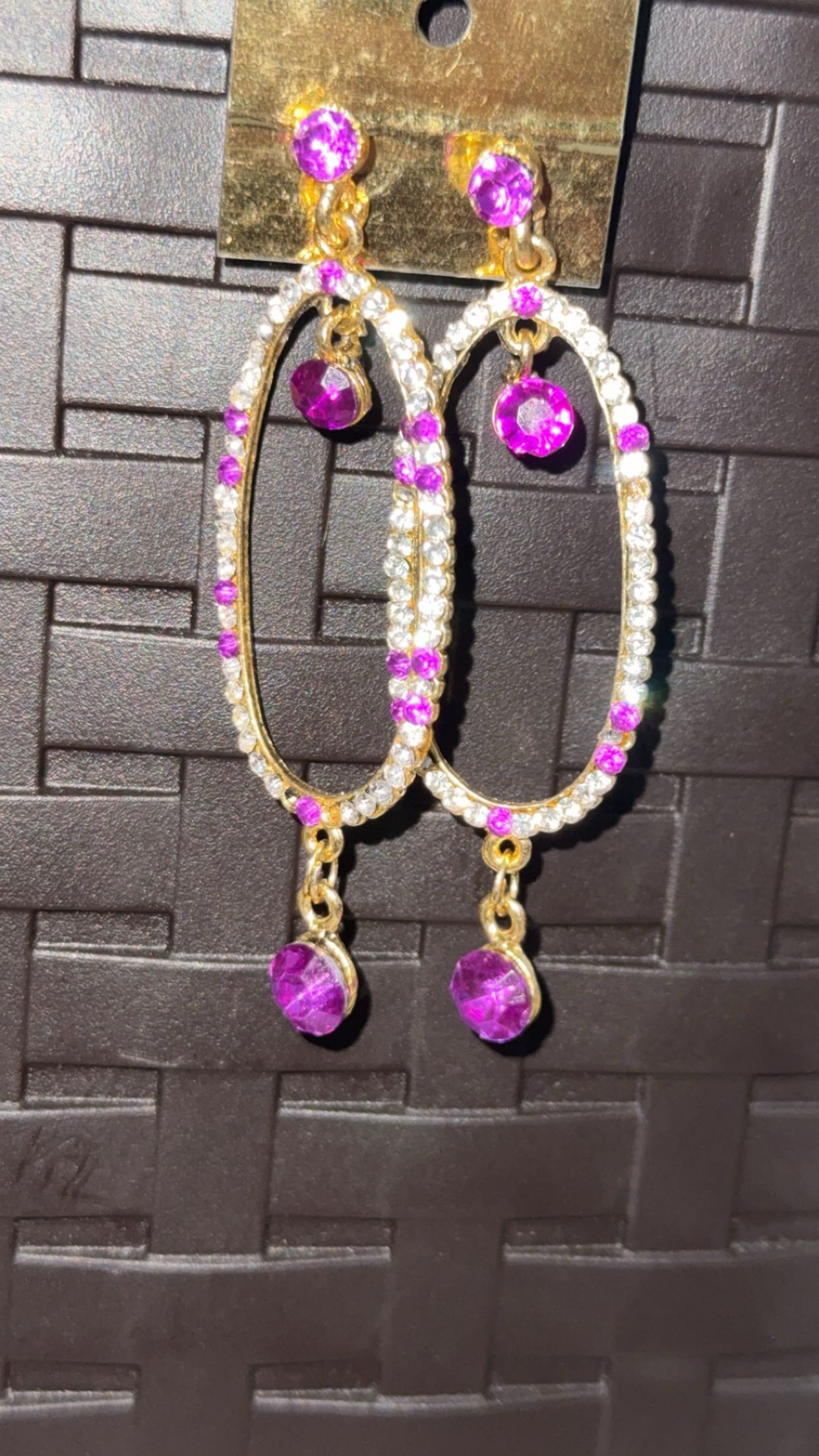 Gold Tone Dangle Earrings with Pink Rhinestones