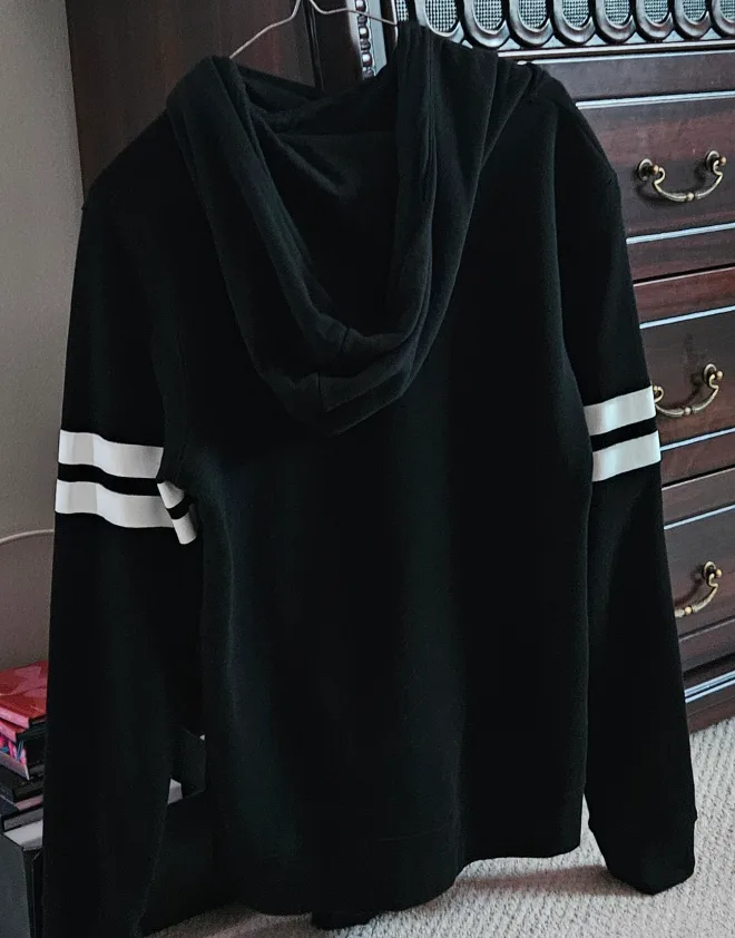 H&M Black Zip-Up Hoodie with White Stripes thumbnail