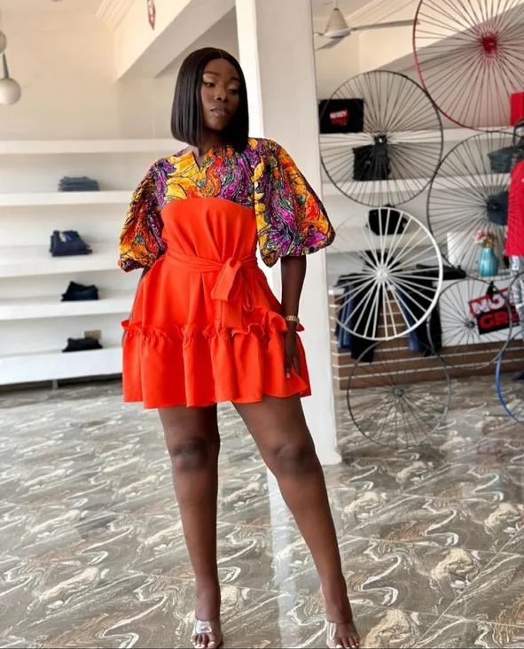 Orange Ruffled Mini Dress with Floral Print Sleeves thumbnail
