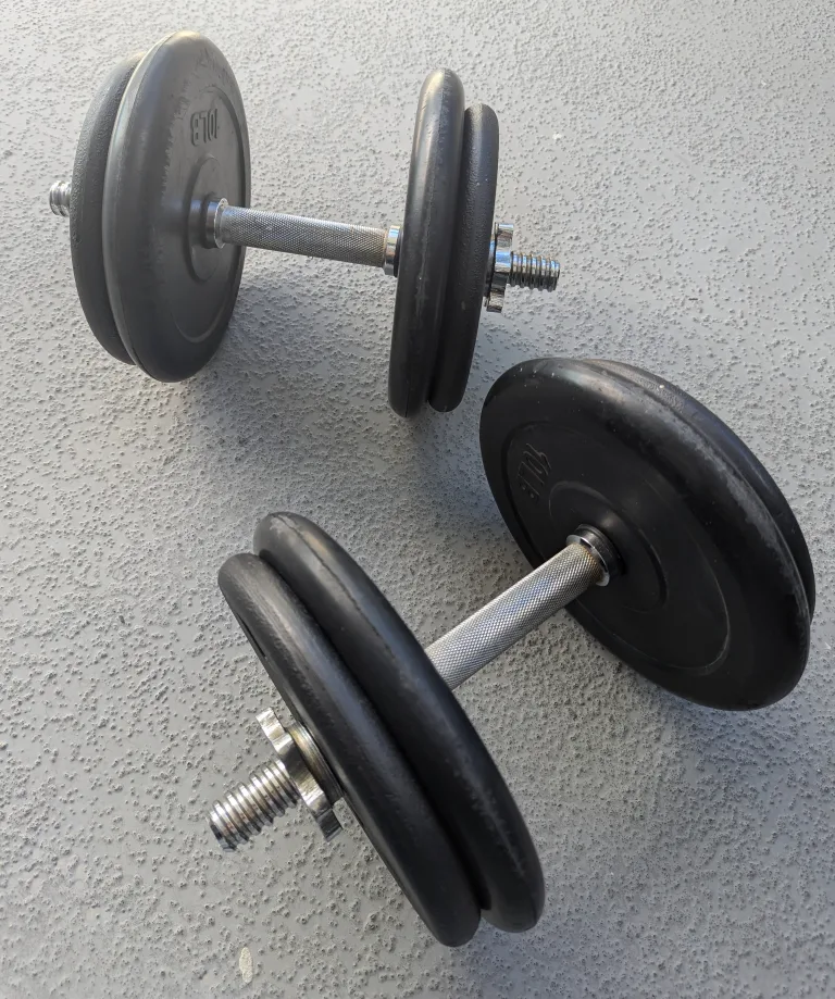 2 Dumbbells - total of 8 plates 10lb each thumbnail