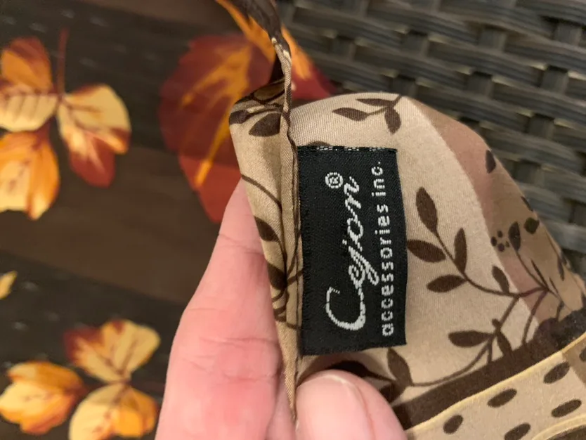 Long Semi sheer brown scarf with leaf pattern image indicator(2)