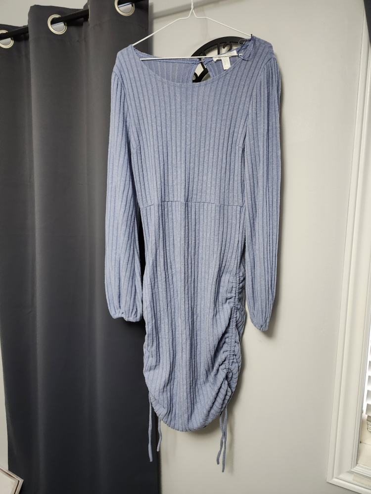 Blue Ribbed Long Sleeve Dress