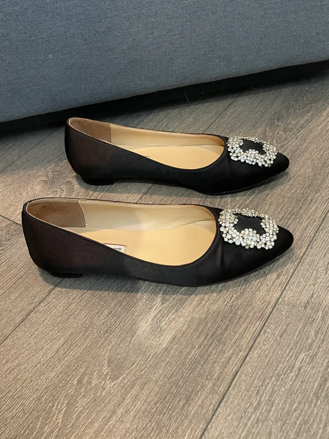 Manolo Blahnik Black Satin Pointed Toe Flats image indicator(3)