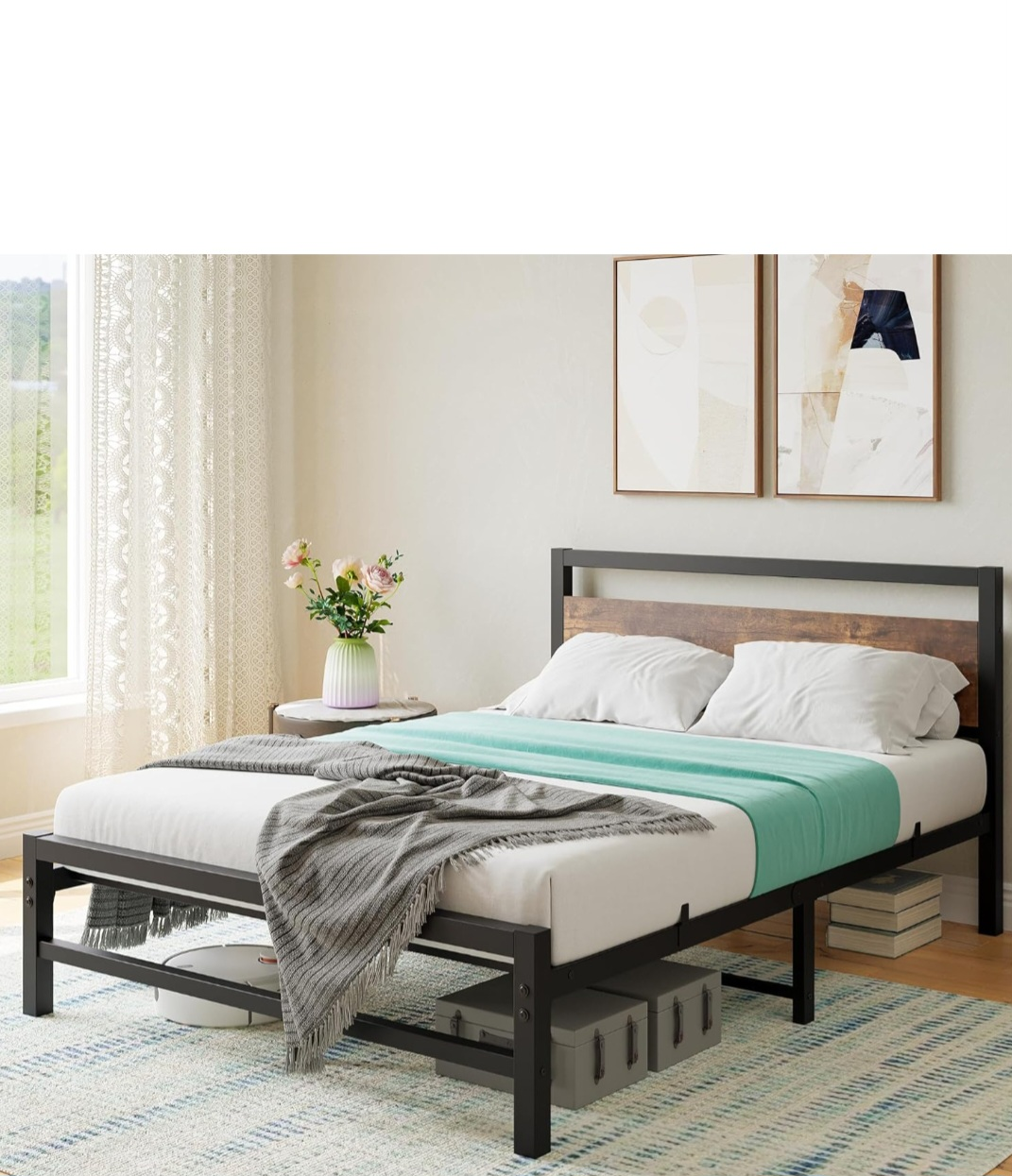 Metal Bed Frame with Wooden Headboard - photo 3
