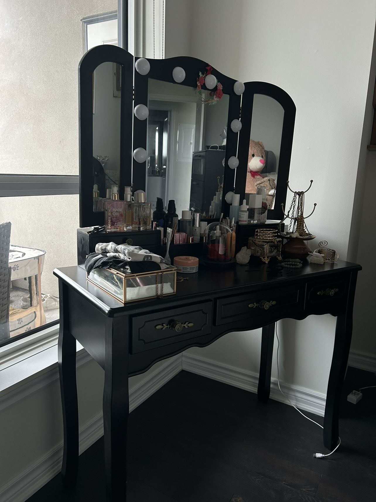 Black Vanity Desk with Mirror and Lights