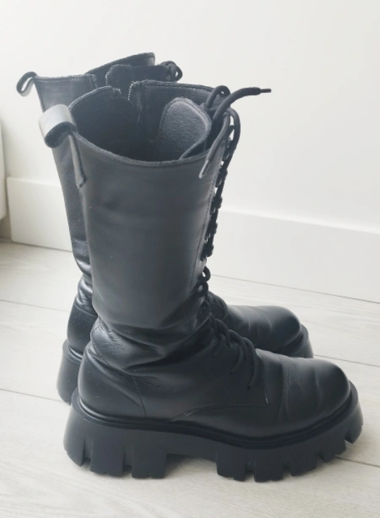 Lace Up Leather Boots, Military Style, Calf Length - photo 3