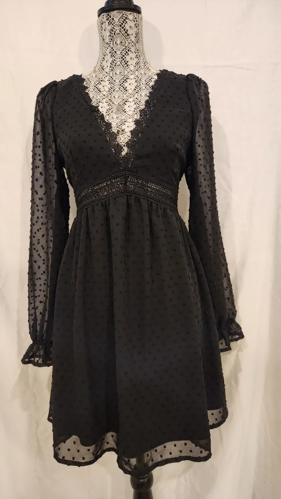 Black Long Sleeve swiss dot chiffon Dress thumbnail