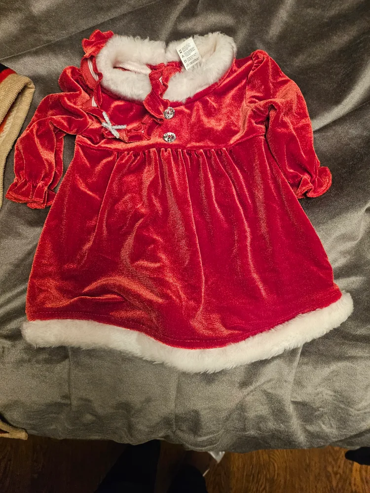 Red Velvet xmas Baby Dress with Fur Trim and head band image indicator(2)