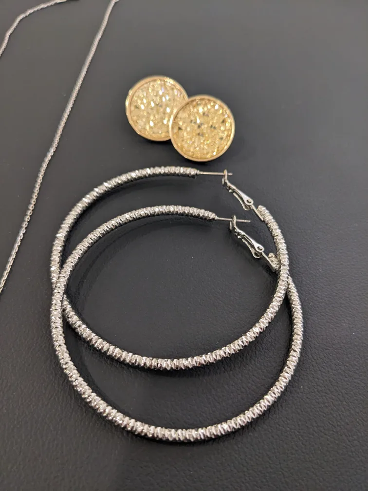 Silver Hoop Earrings and Gold Crystal Necklace & Earrings image indicator(2)