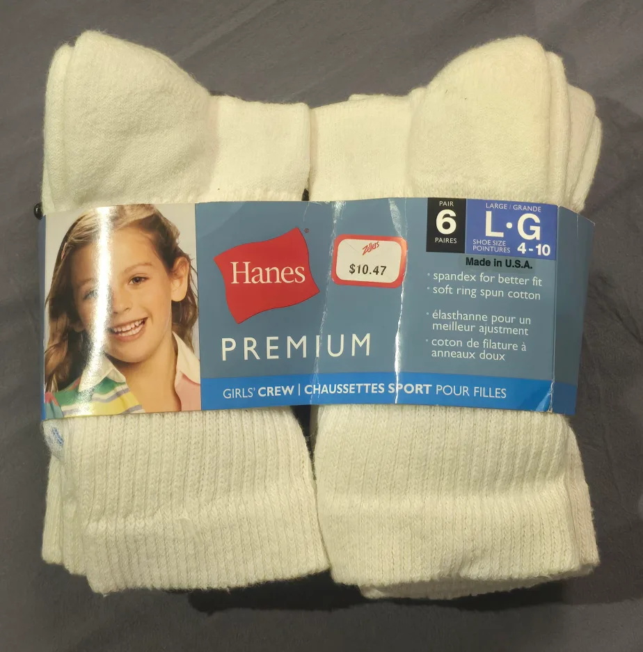 NEW! Hanes Girls Premium White Crew Socks - Size 4-11 - 6 Pairs! thumbnail