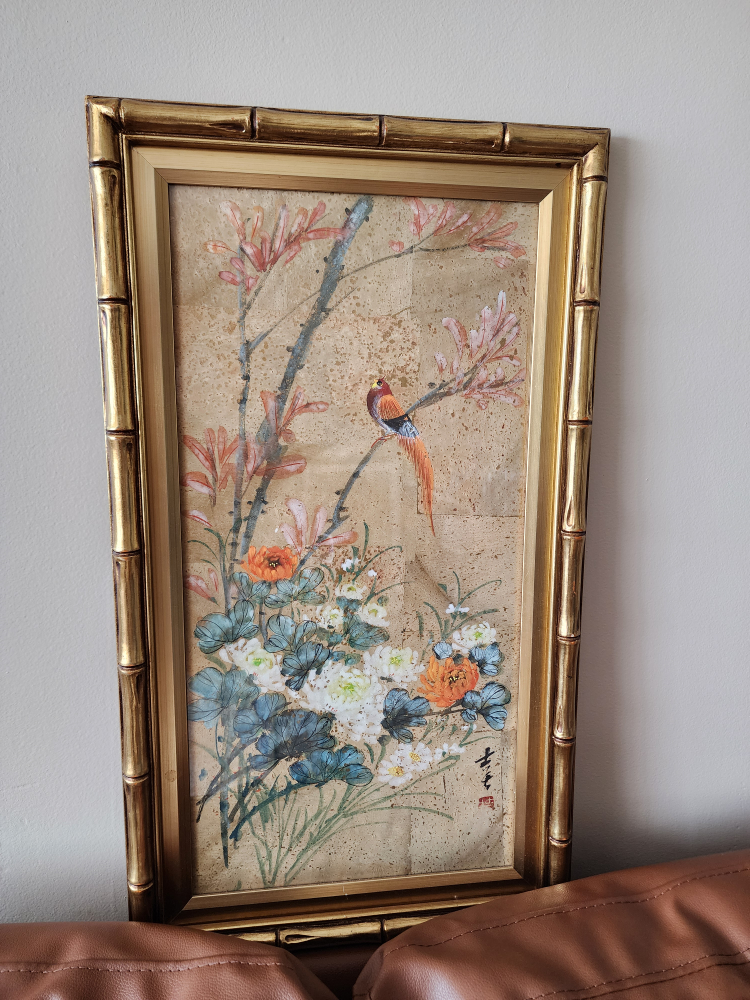 Framed Asian-Inspired Bird Painting