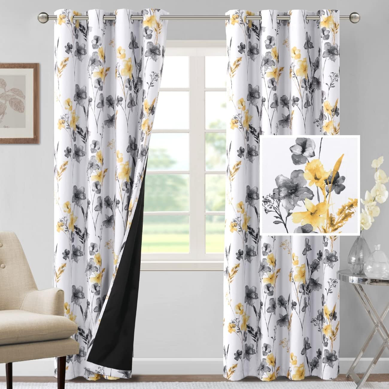 100% Blackout Curtains with Grommet Top - Grey and Yellow Floral