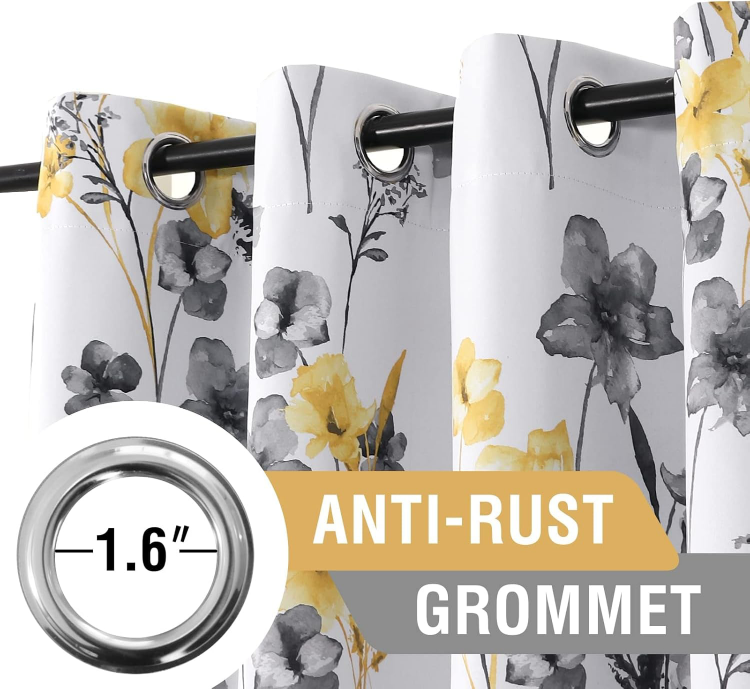 100% Blackout Curtains with Grommet Top - Grey and Yellow Floral - photo 4