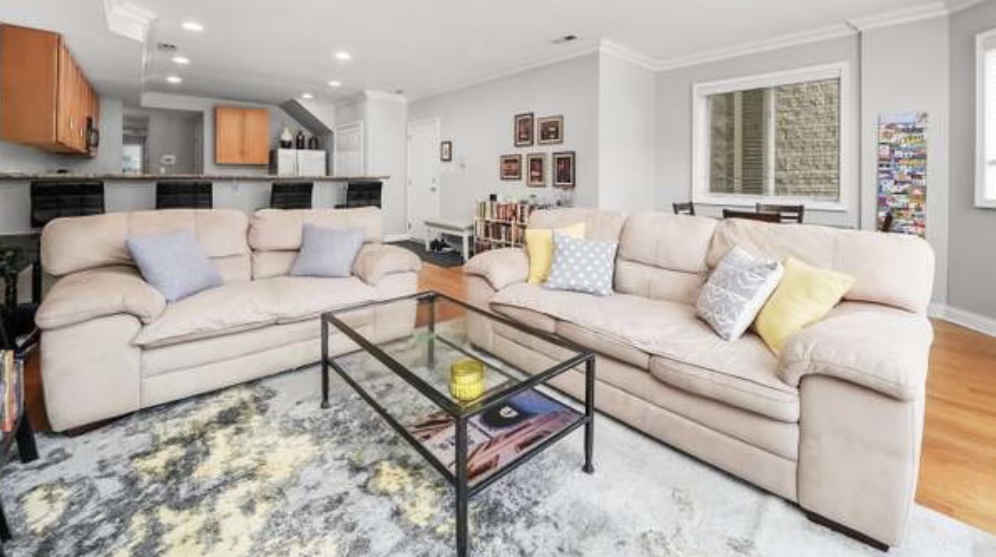 Beige sofa and loveseat