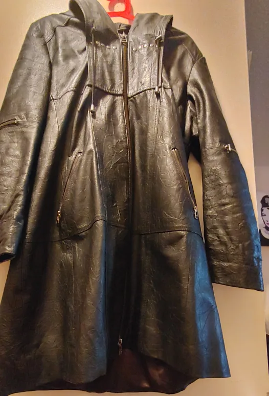 XL ladies textured black leather 3/4 length jacket with hood image indicator(2)