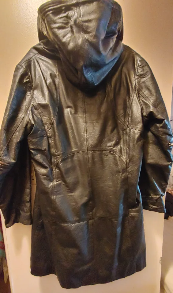 XL ladies textured black leather 3/4 length jacket with hood image indicator(4)