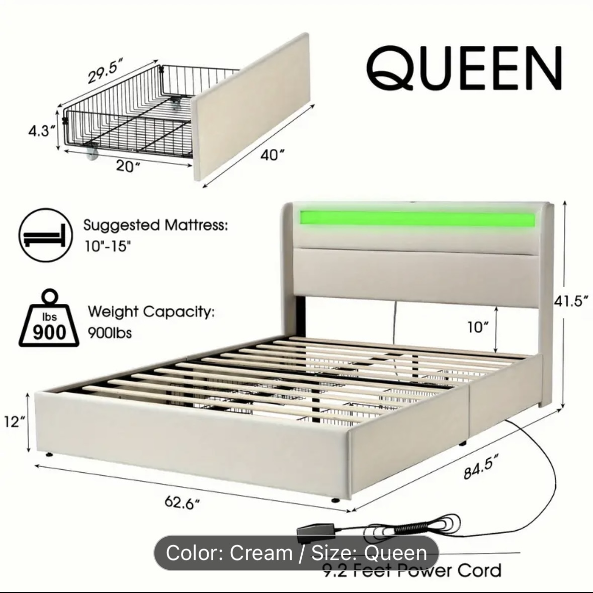 LED Light Up Bed Frame with Storage Drawers - photo 3