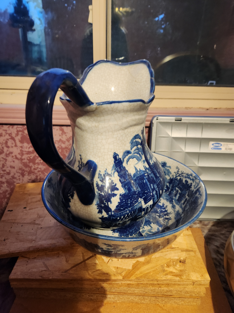 Blue and White Pitcher and Bowl Set