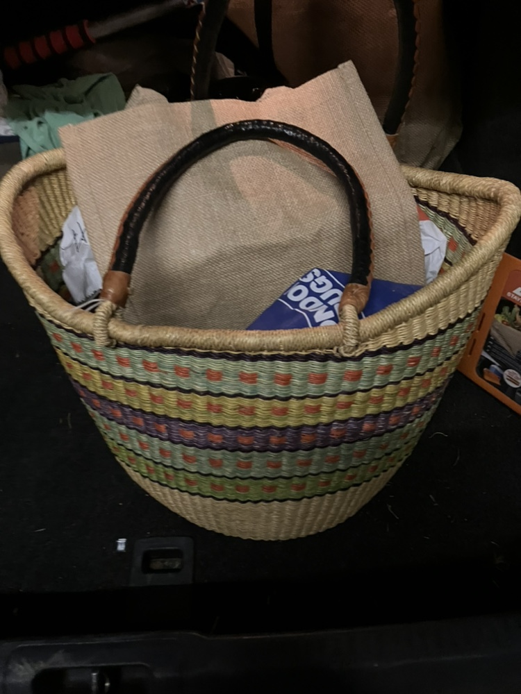 Large Striped Woven Basket with Leather Handle