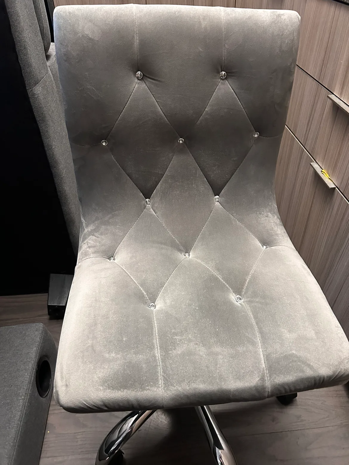 Grey Velvet Swivel Chair with Crystal Buttons thumbnail