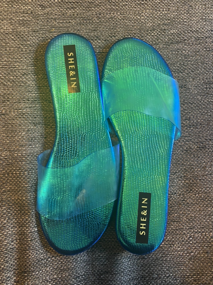 Blue Iridescent Clear Strap Slides Size 42