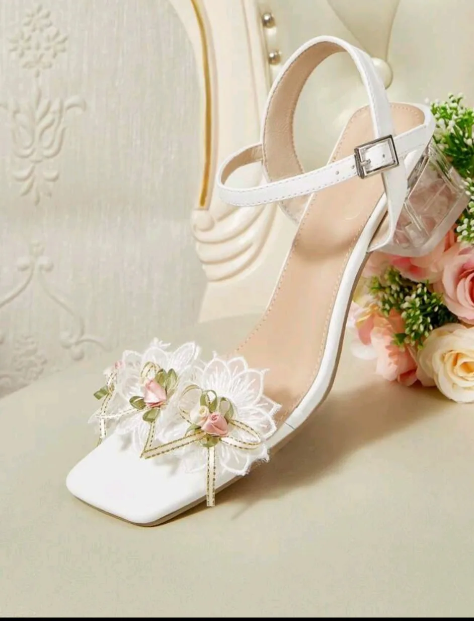 White Floral Ankle Strap Heels image indicator(2)