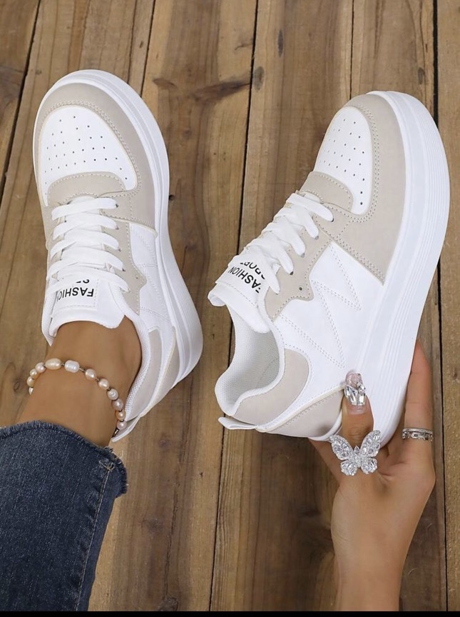White and Beige Platform Sneakers