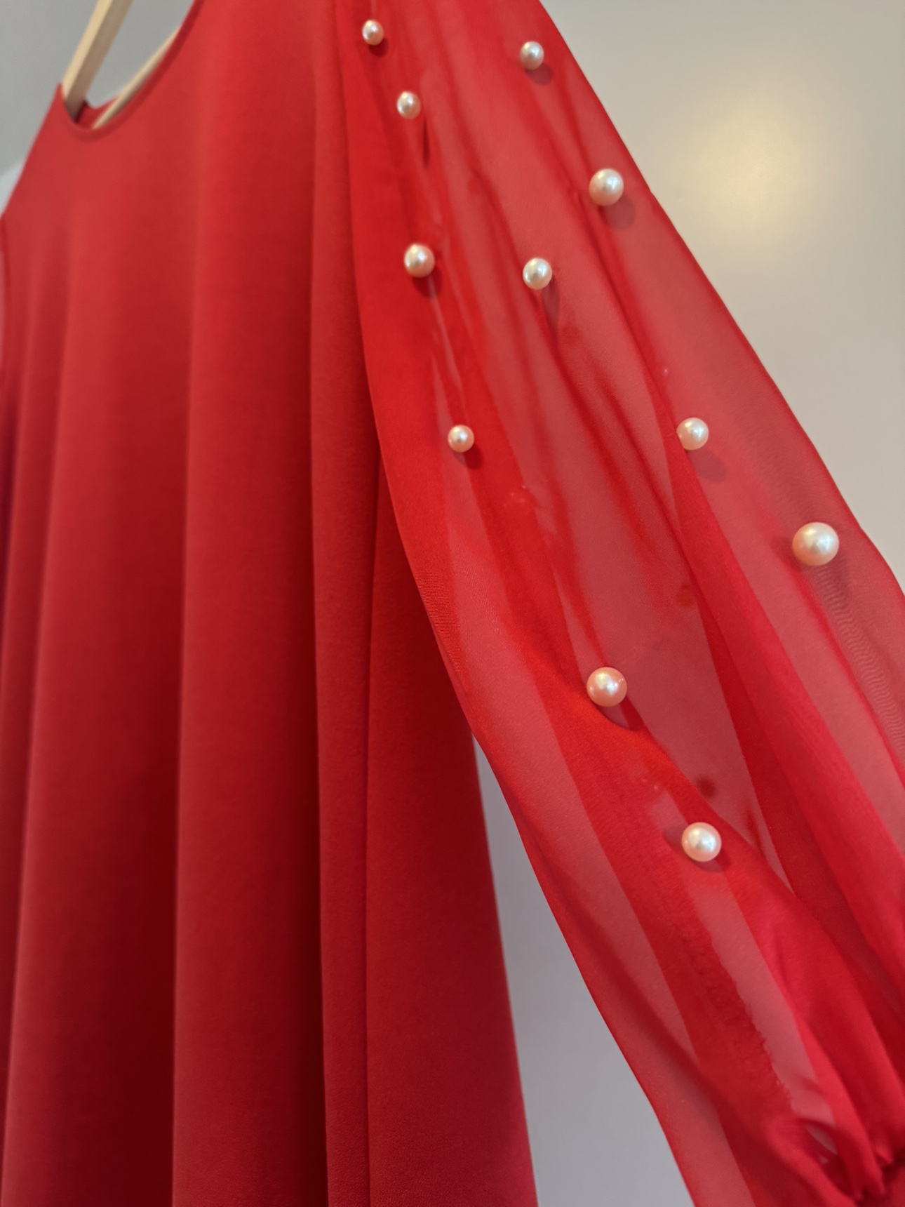 Red Dress with Pearl Sleeves - photo 2