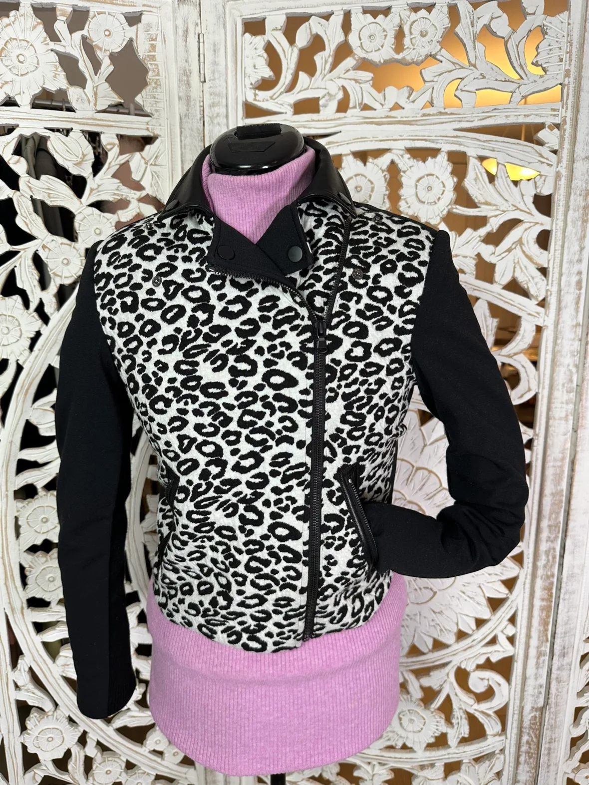 🧡 $695 NWOT Rebecca Taylor Sz 0 XS S leopard Moto Jacket Leather image indicator(7)