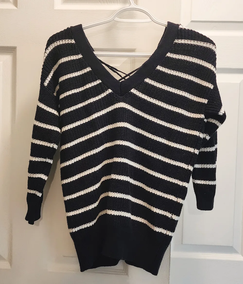 DYNAMITE Striped Cotton Sweater Lace Up Back - Midnight Blue image indicator(3)