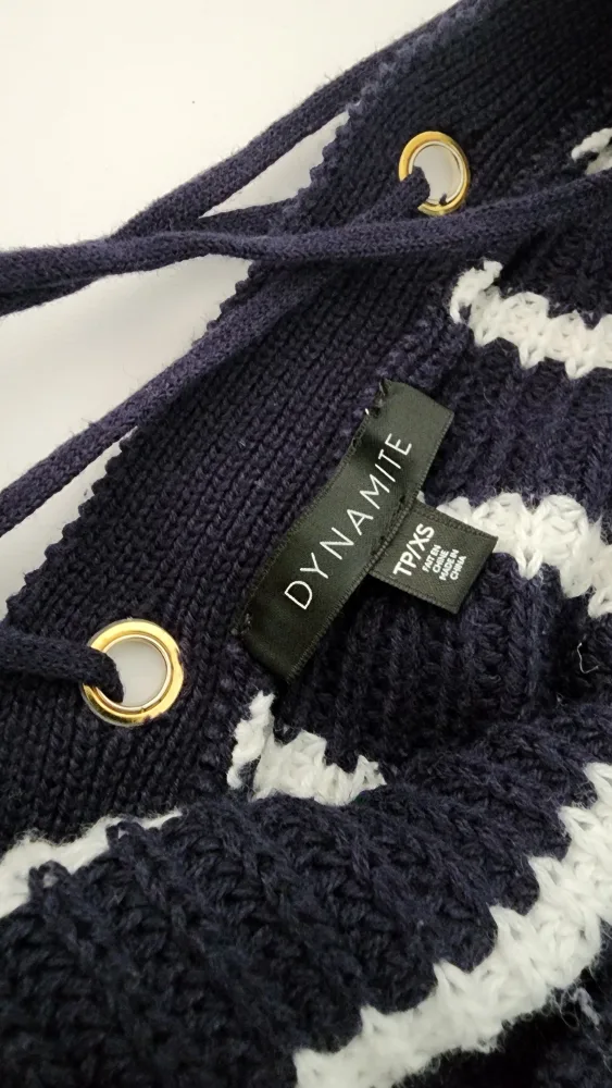 DYNAMITE Striped Cotton Sweater Lace Up Back - Midnight Blue image indicator(4)