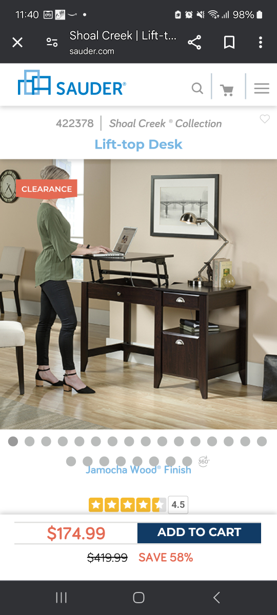 Sauder Shoal Creek Lift-Top Desk