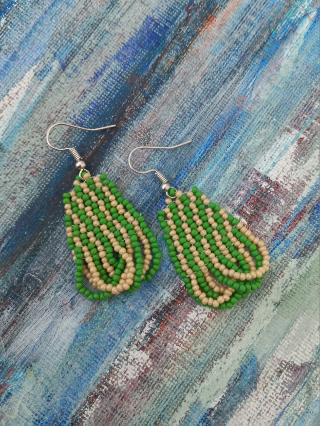 Green and Beige Handwoven Beaded Earrings