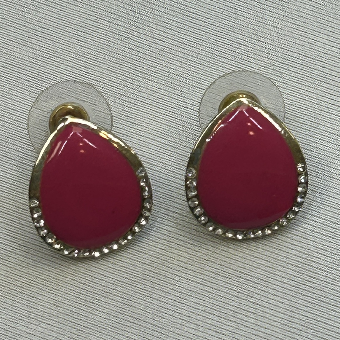 Vintage 90s Pink Enamel Gold Tone Teardrop Earrings Rhinestones - photo 3