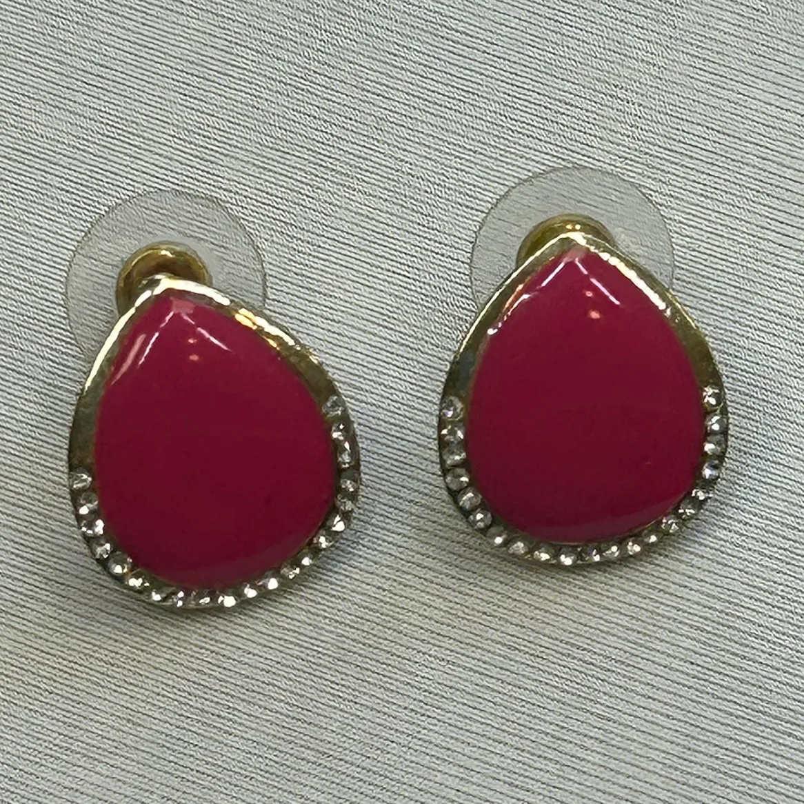 Vintage 90s Pink Enamel Gold Tone Teardrop Earrings Rhinestones image indicator(3)