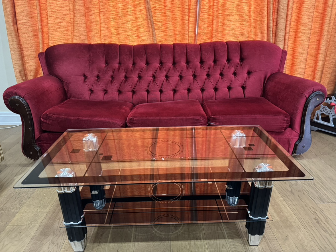 2 Red Velvet Sofa same size and Glass Coffee Table