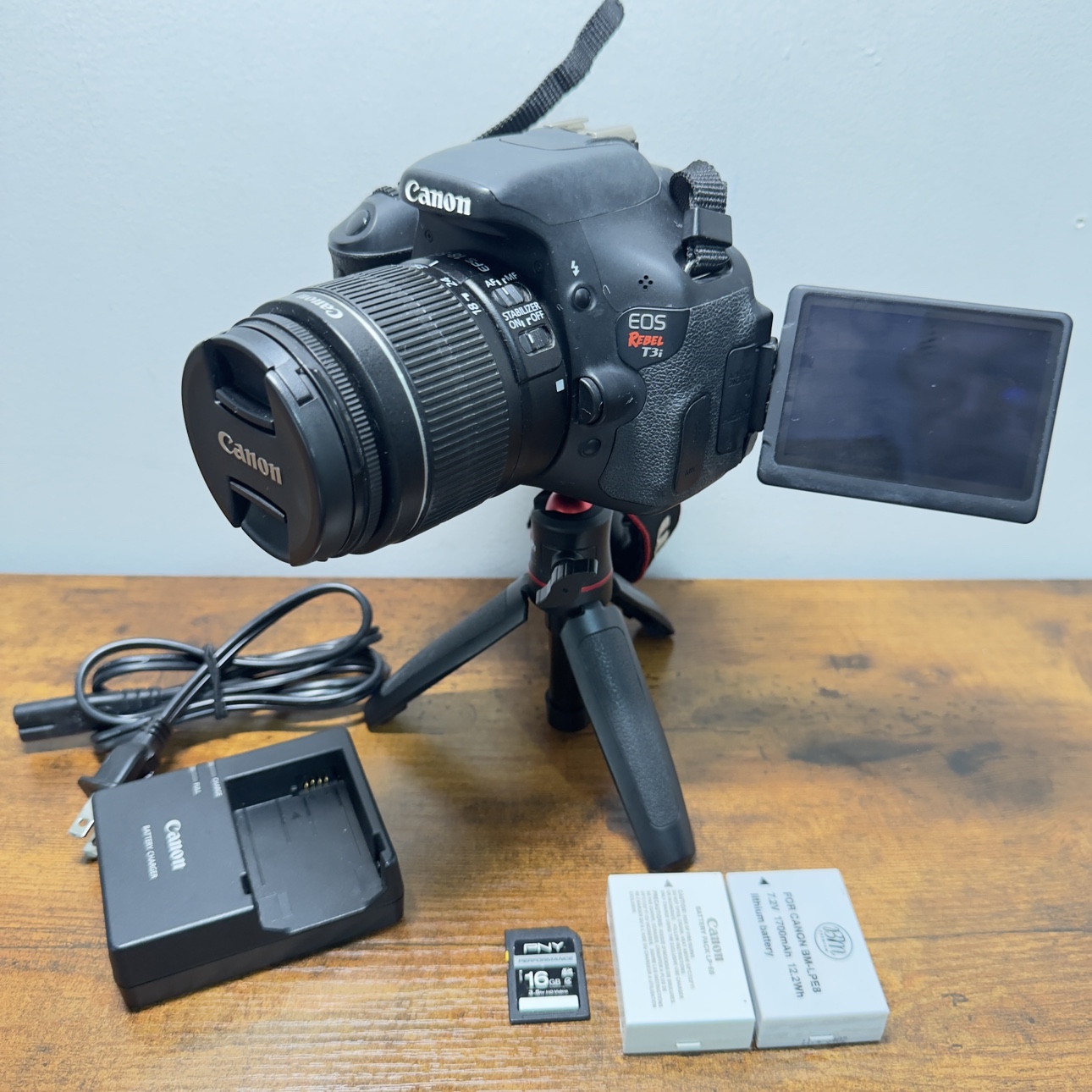 Canon Rebel T3i with 18-55mm lens, 2 batteries ,Charger,	16GB