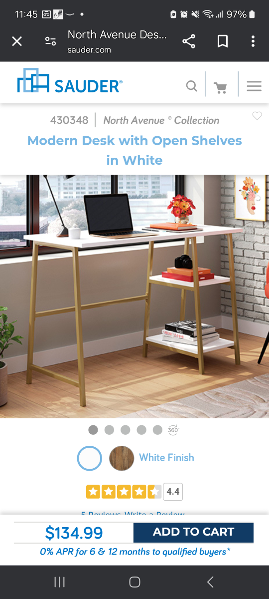 Sauder North Avenue Modern Desk with Open Shelves in White