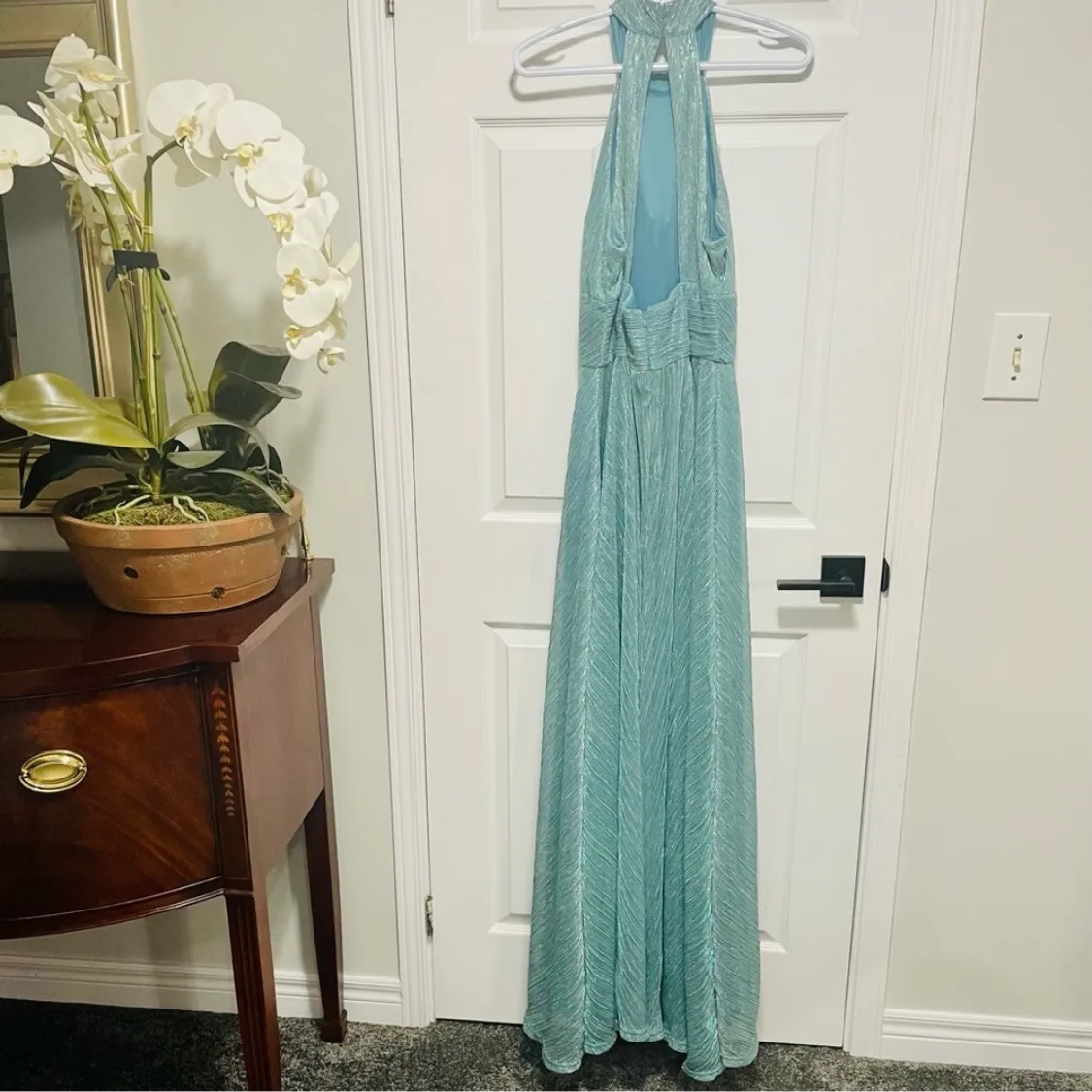 Aqua Blue Halter Neck Long Formal Dress image indicator(6)