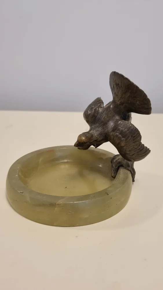 Antique Vintage Bronze Eagle On Green Onyx Ashtray image indicator(4)